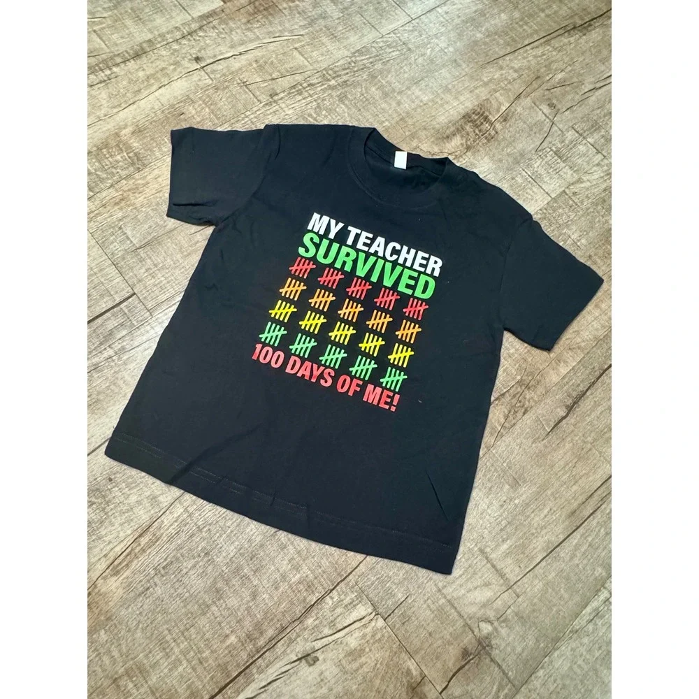 100 Days of School Kids T-Shirt My Teacher Survived Black Graphic Size 130 7/8